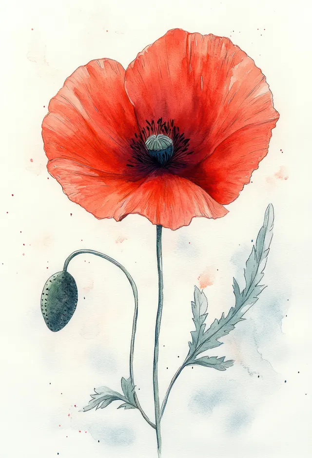 Red poppy flower with a green bud and feathery leaves painted on a soft watercolor background.