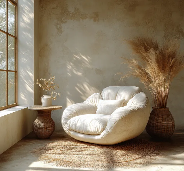 Sunlit minimalist living room with a wrapped lounge chair on a beige rug beside two pampas grass vases.