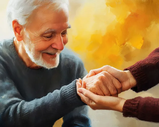 A caregiver gently holds an elderly man’s hands as they sit indoors with warm golden light.