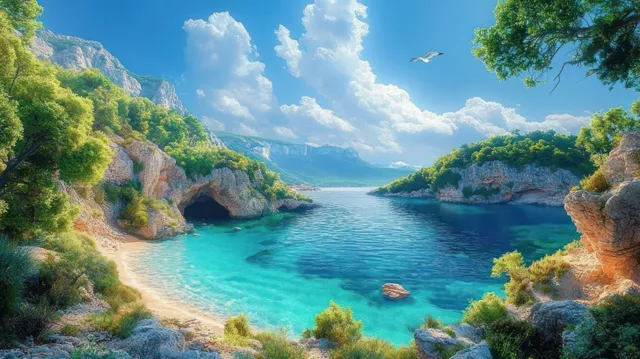 A seabird flies above a turquoise coastal cove framed by rocky cliffs, green trees, and fluffy white clouds.