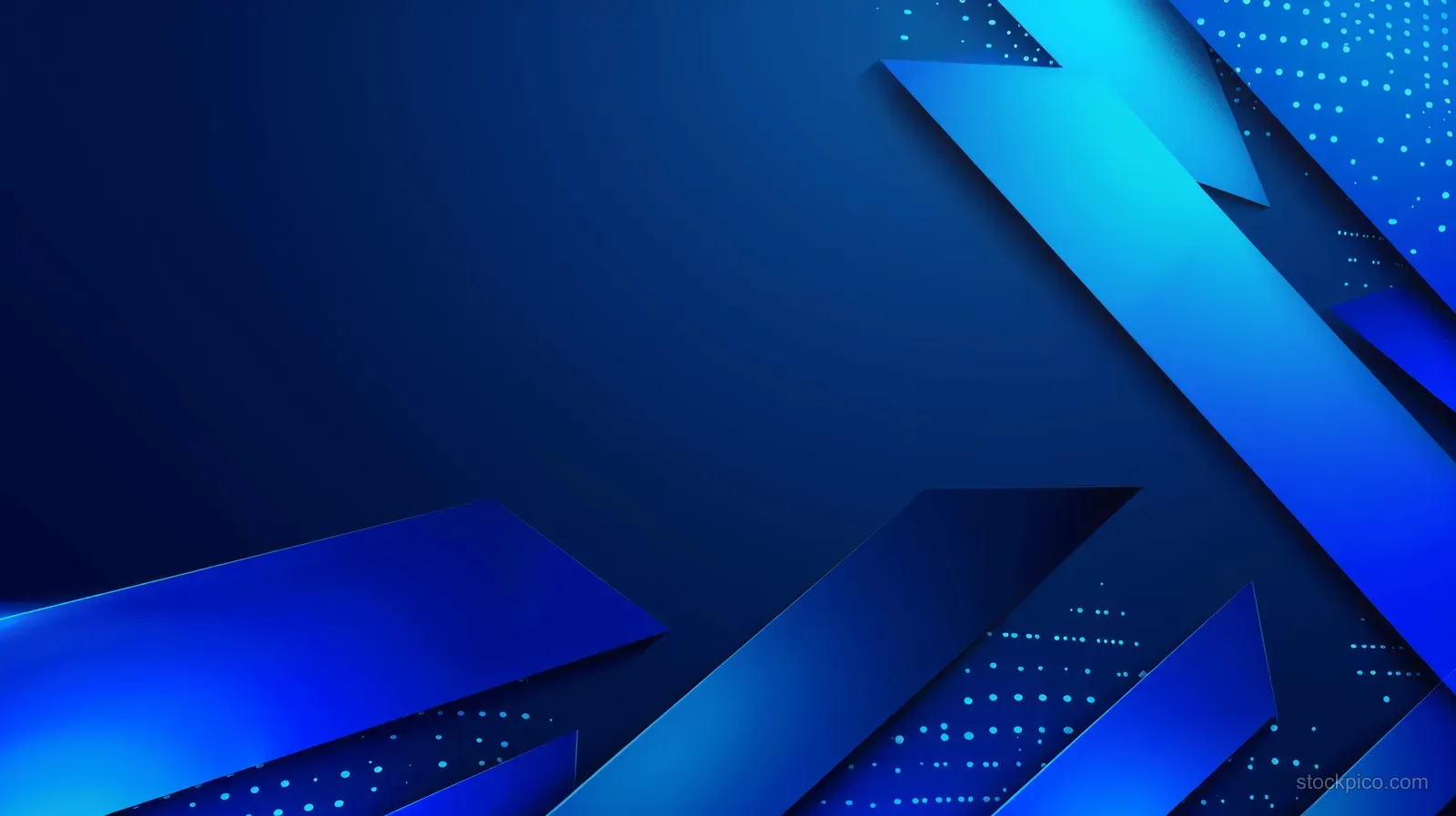 Blue neon metallic arrow facets sweep diagonally across a dark gradient background with glowing dotted highlights.