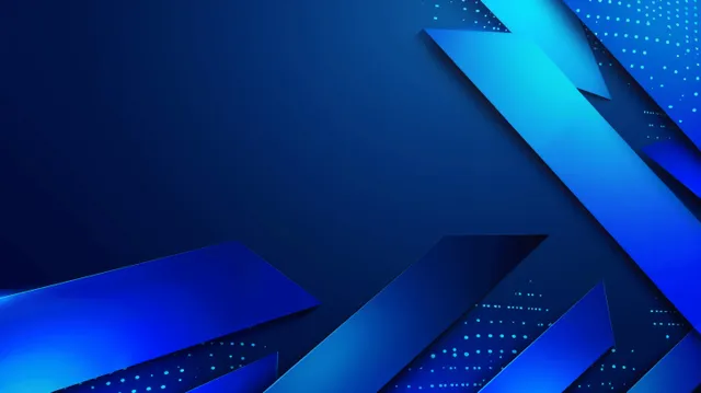 Futuristic blue geometric arrow shape with neon gradient facets and dotted light particles