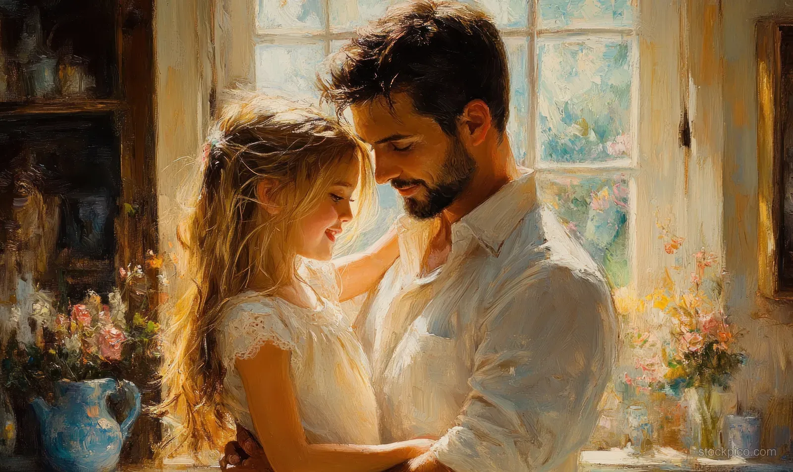 A father hugs his daughter in a bright kitchen with warm lighting and colorful background details.
