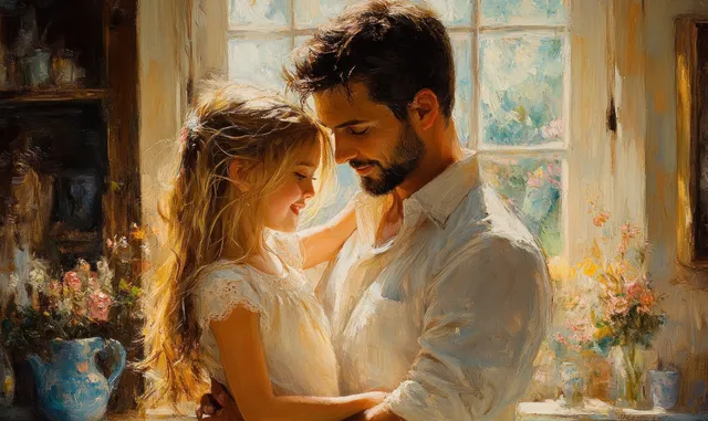 Father and daughter share a warm hug in a bright kitchen during a family celebration