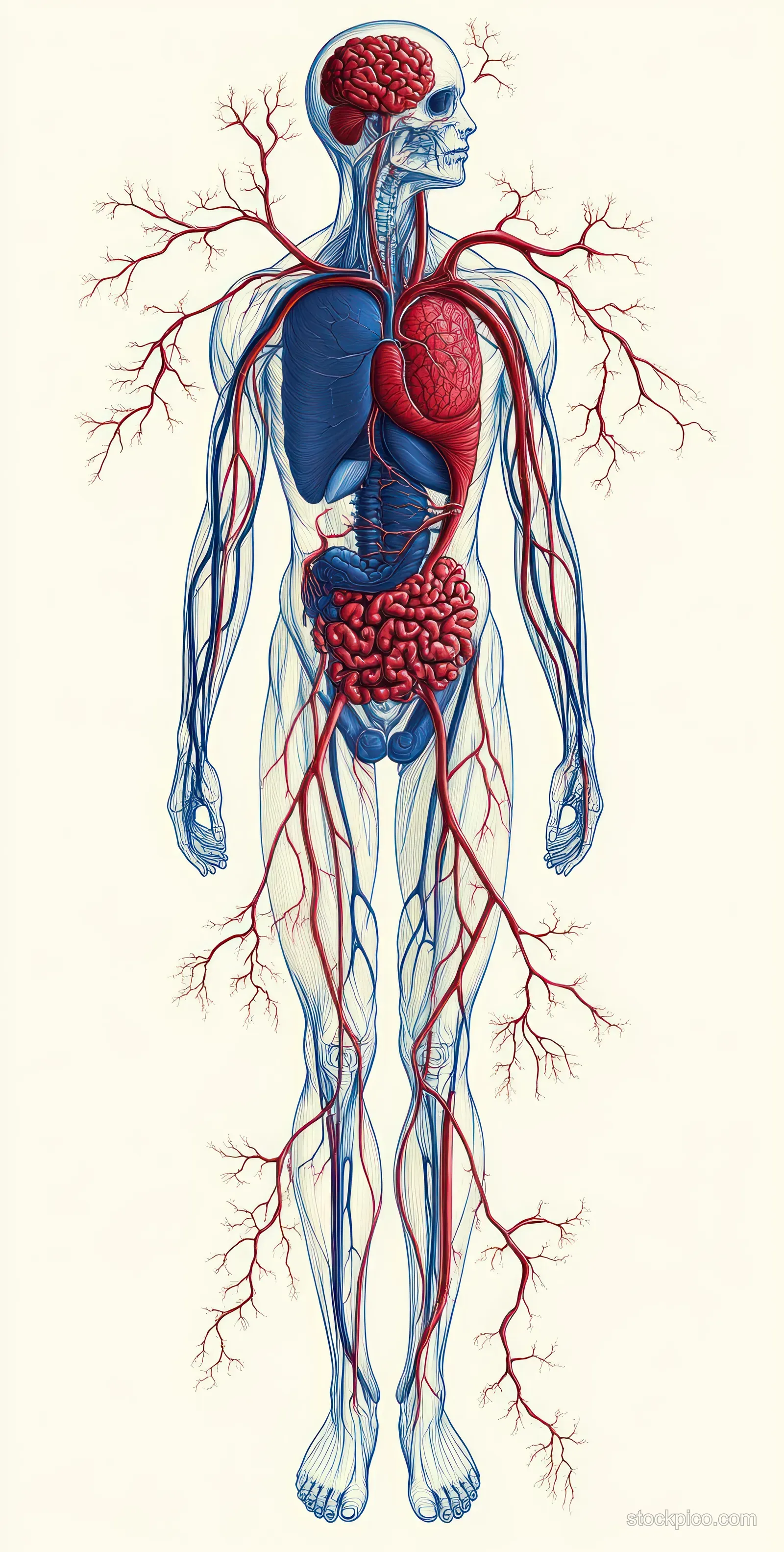 Renaissance anatomical diagram of human circulatory system with blue arteries, red veins, and a glowing heart.