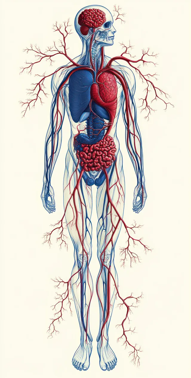 Renaissance anatomical diagram of human circulatory system with blue arteries, red veins, and a glowing heart.