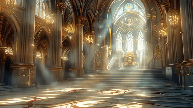Fantasy gothic cathedral interior with glowing stained glass and gold arches framing a marble staircase and throne.