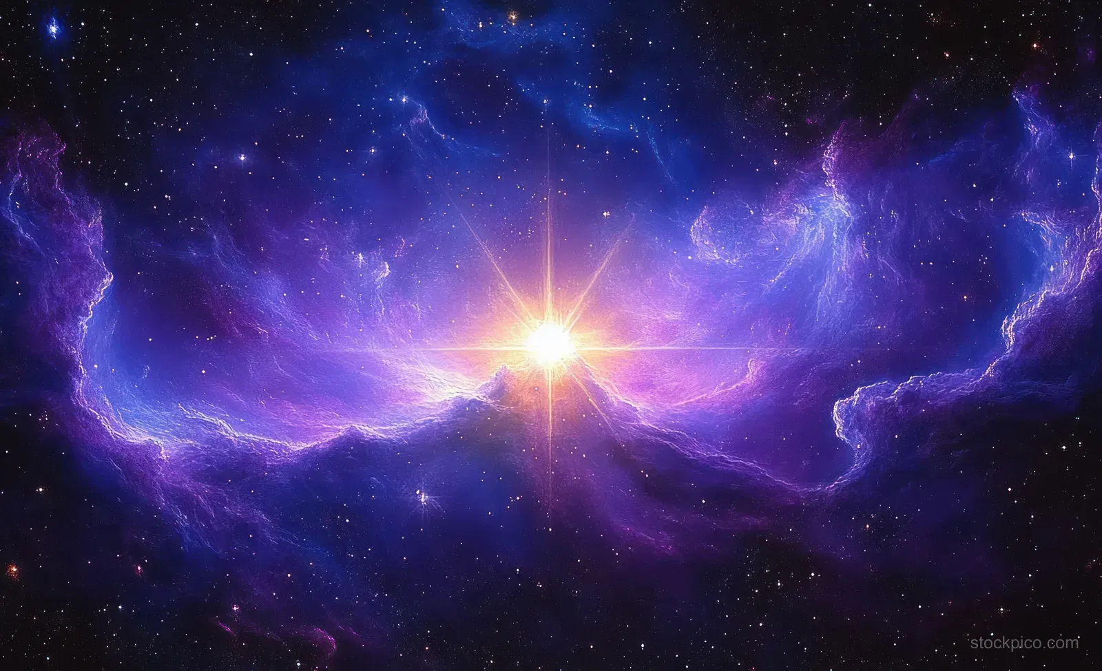 A bright supernova starburst glows at the center of a swirling blue and purple nebula in space.