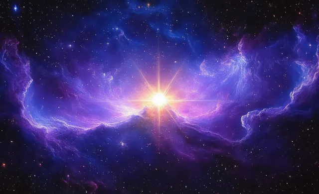 Supernova starburst blazing inside a swirling violet nebula against deep midnight space