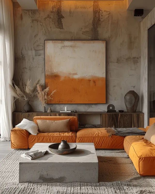 Orange sofa and concrete coffee table in a minimalist living room with warm neutral walls and framed abstract wall art.