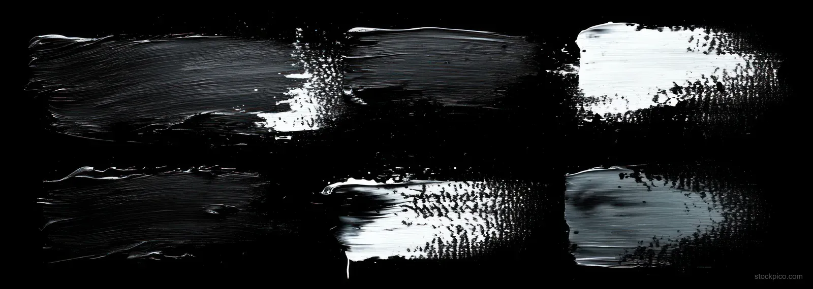 Six horizontal black and white brush strokes with textured paint smears on a dark background.
