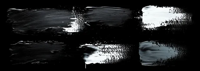Six horizontal black and white brush strokes, textured paint smears on dark background