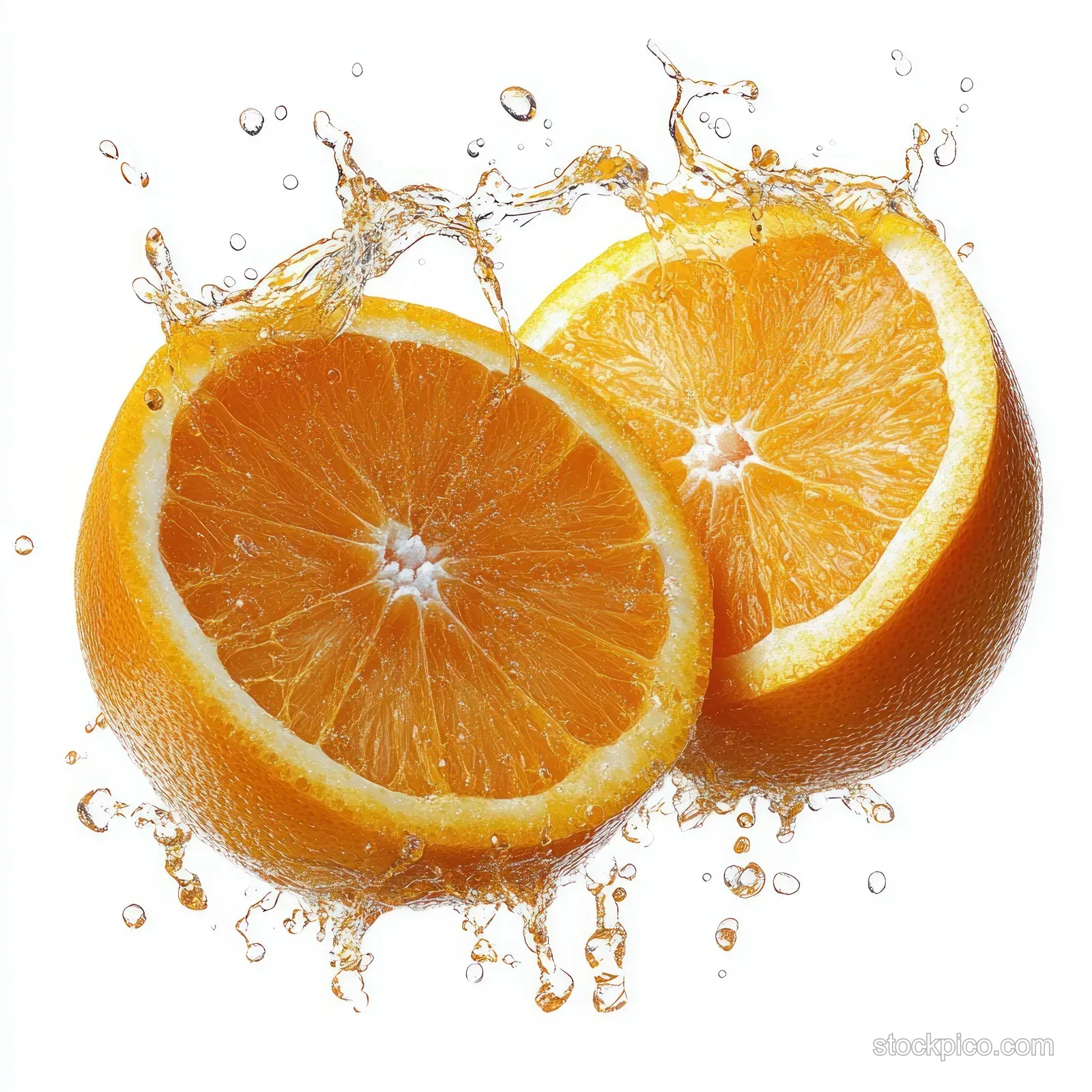 Orange halves splash in clear liquid with scattered juice droplets over a white background.