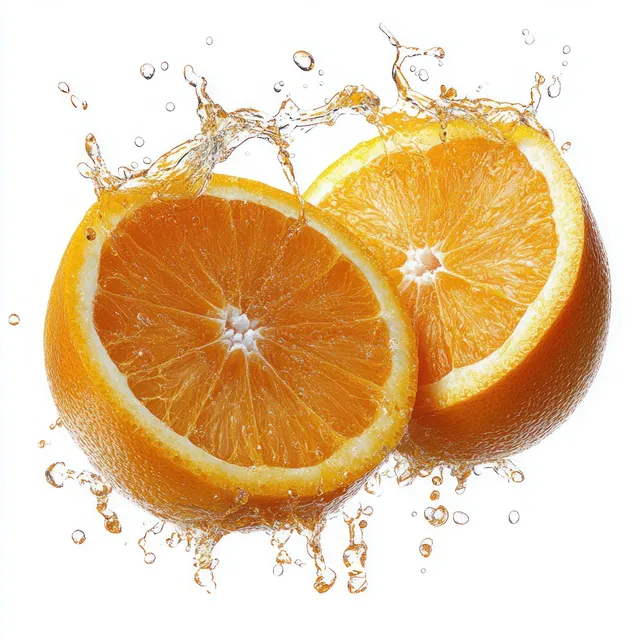 Orange halves splashing in clear liquid with visible juice droplets on white background