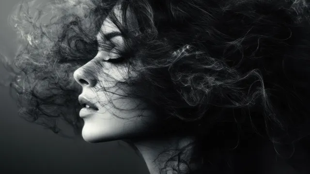 Surreal woman profile with black hair flowing like smoke into shadowy monochrome void