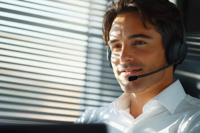 An Asian businessman wearing a headset speaks during a video call in a sunlit office with striped window blinds.