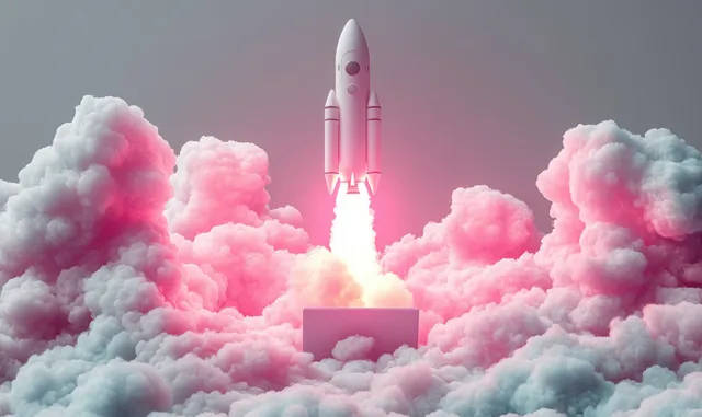 A rocket launches from a laptop screen into pink clouds under a soft pastel sky glow.