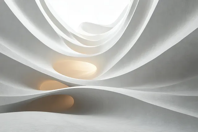 Abstract white wave ceiling with layered curved surfaces and soft shadows creating depth.
