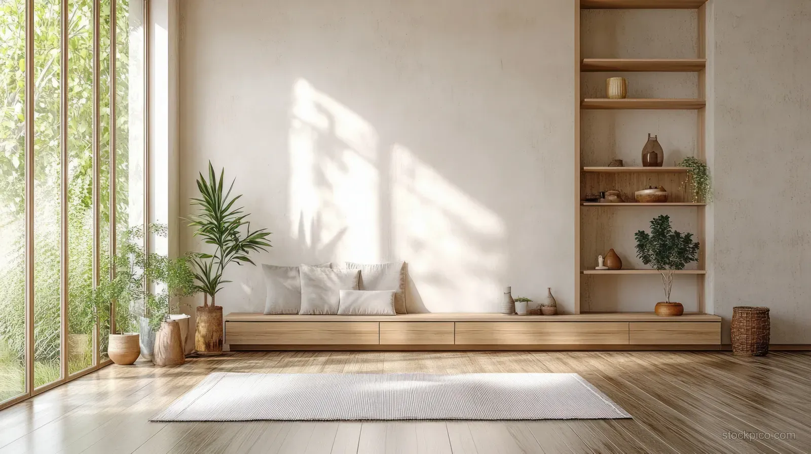 Sunlit Scandinavian living room with light wood shelving, a low bench, plants, and large windows casting shadows.