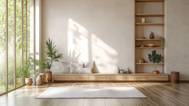 Sunlit Scandinavian living room with light wood shelving, a low bench, plants, and large windows casting shadows.