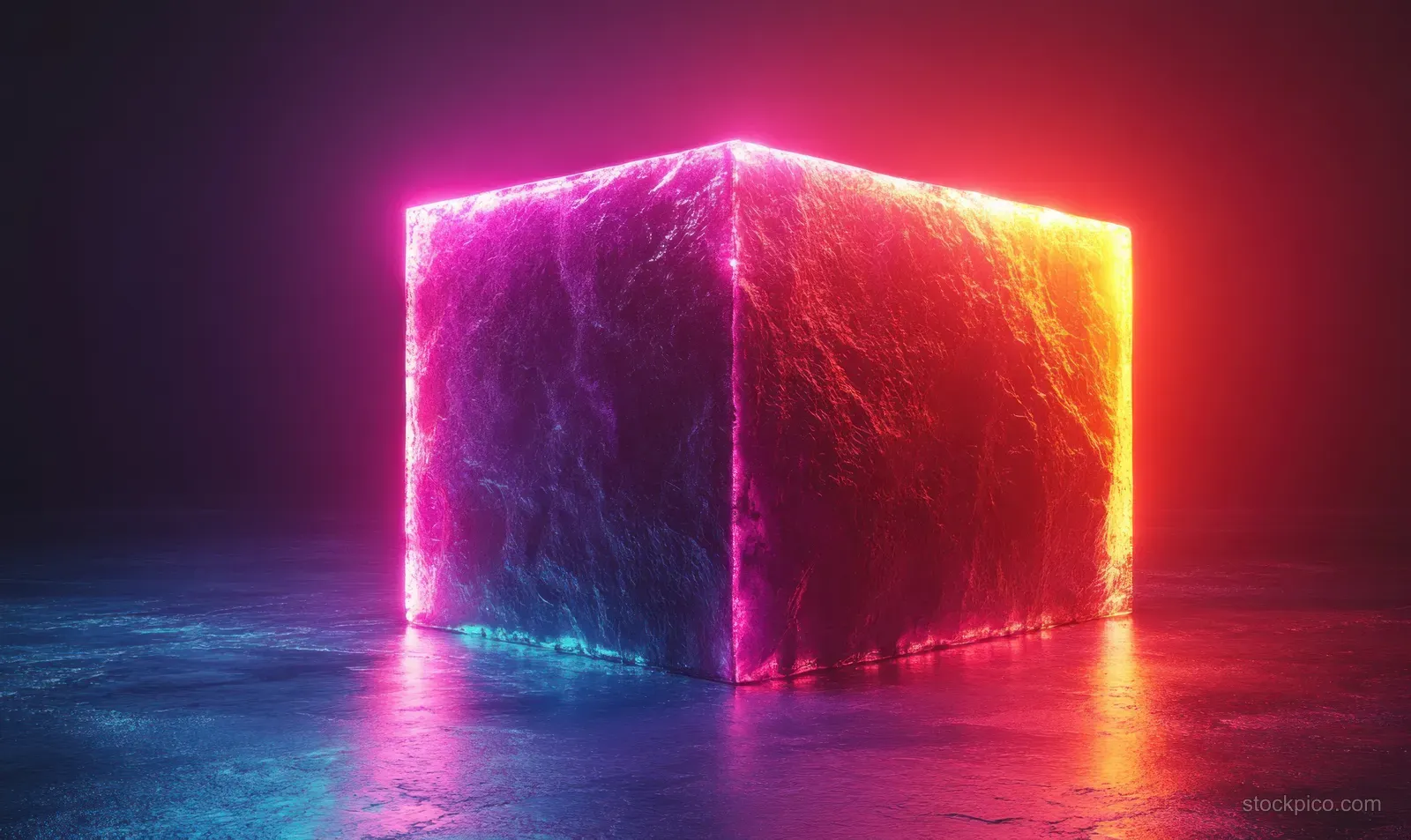 Neon-glowing cube in purple and orange light casting reflections on a dark glossy floor in a studio.