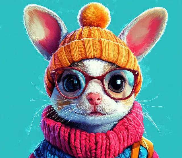 Cartoon dog wearing a bright knitted hat and scarf, close-up turquoise background