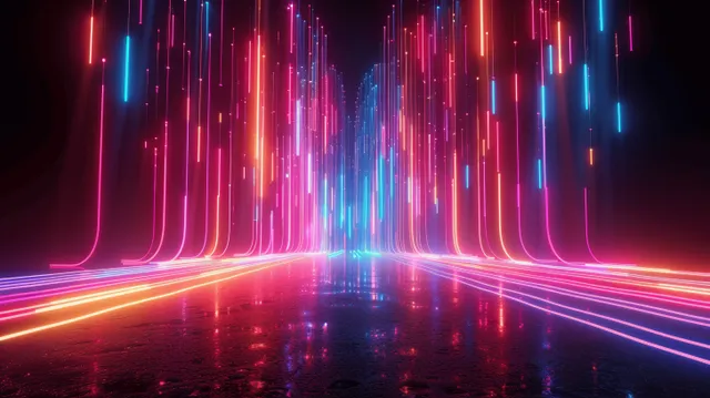Neon blue, pink, and red line beams stretch down a dark tunnel above a glossy reflective floor.
