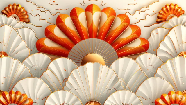 Orange and gold art deco fan pattern with layered curved arches