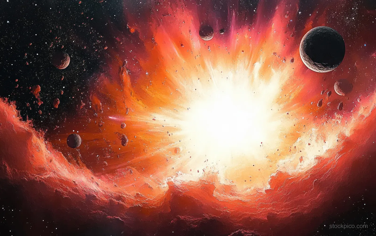 A glowing red-orange cosmic explosion with planets and asteroids swirling across deep space.