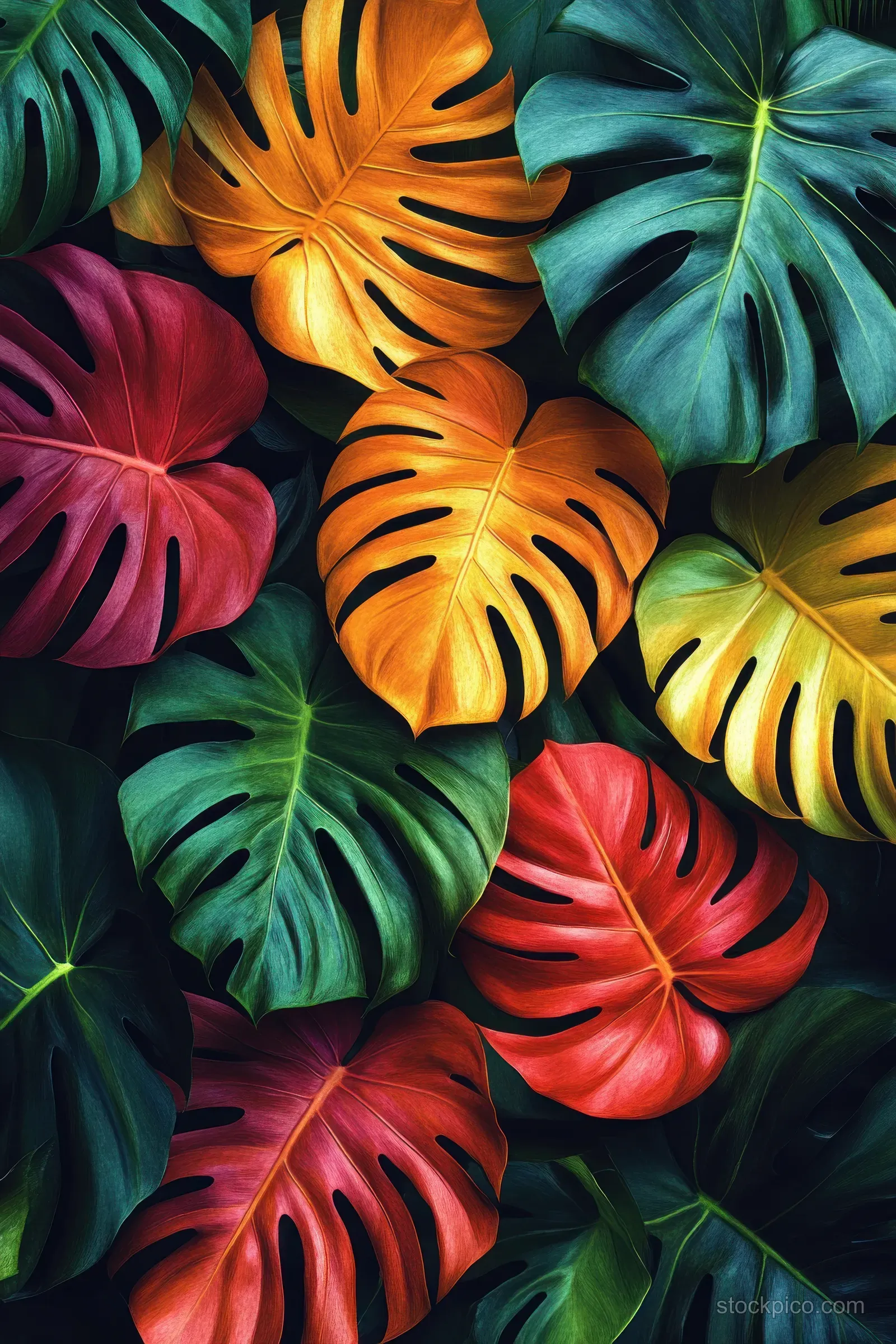 A dense watercolor pattern of overlapping monstera leaves in bright green, yellow, and red tones.