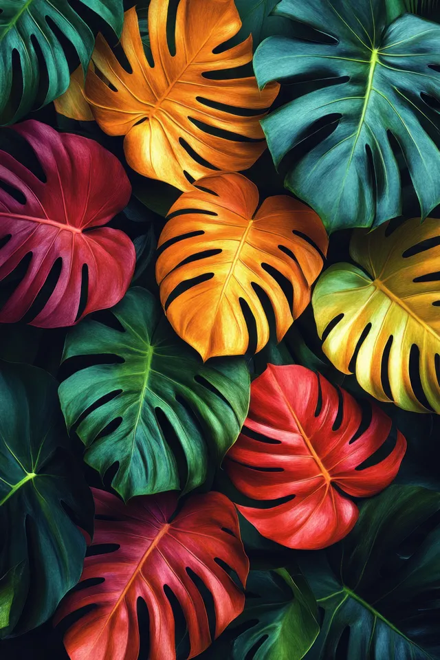Colorful watercolor monstera leaves overlapping in a lush tropical botanical pattern background
