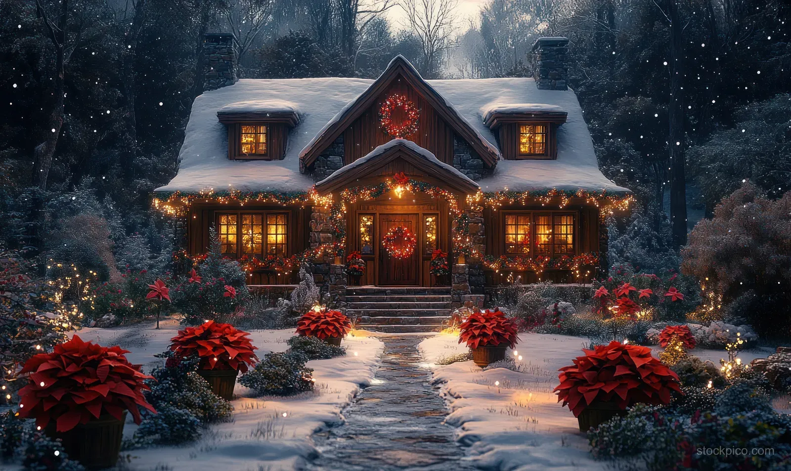 Snowy holiday cottage exterior at dusk with glowing fairy lights, wreaths, and red poinsettias on the steps.