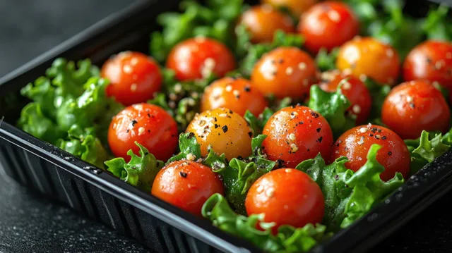 Meal container filled with leafy greens and cherry tomatoes on a dark tabletop.
