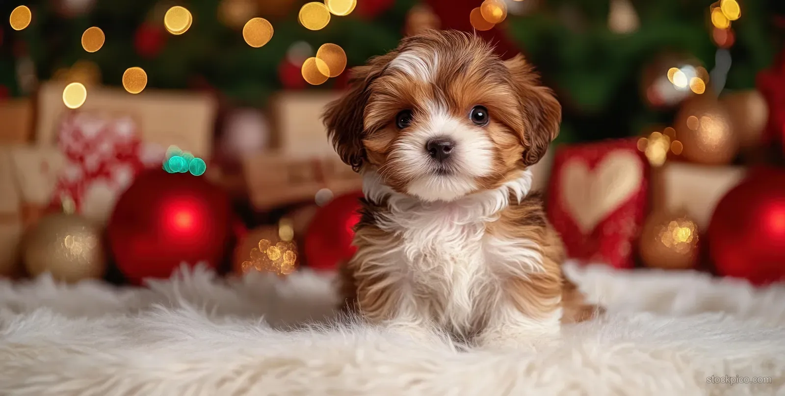Small brown and white puppy sits on a fluffy rug, surrounded by warm glowing Christmas lights and festive decorations.