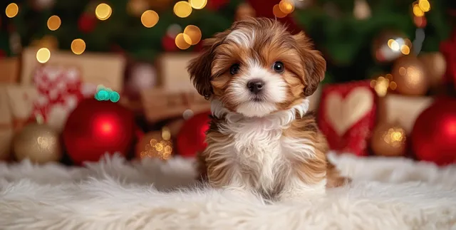 Small brown and white puppy sits on a fluffy rug, surrounded by warm glowing Christmas lights and festive decorations.