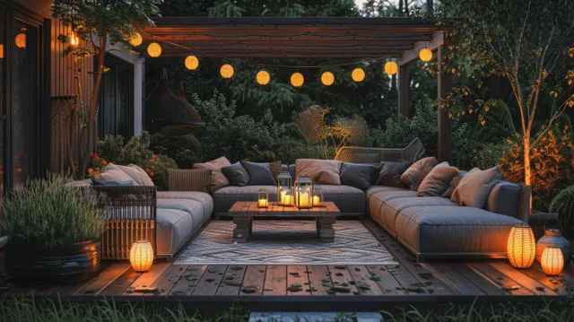 Curved outdoor sofas surround a firepit table on a night terrace lit by lanterns and string lights.