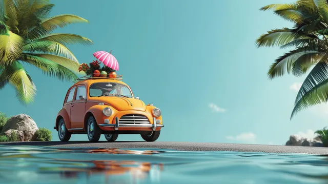 Retro orange car with a pink flamingo inflatable and summer items parked on a tropical beach near palm trees.