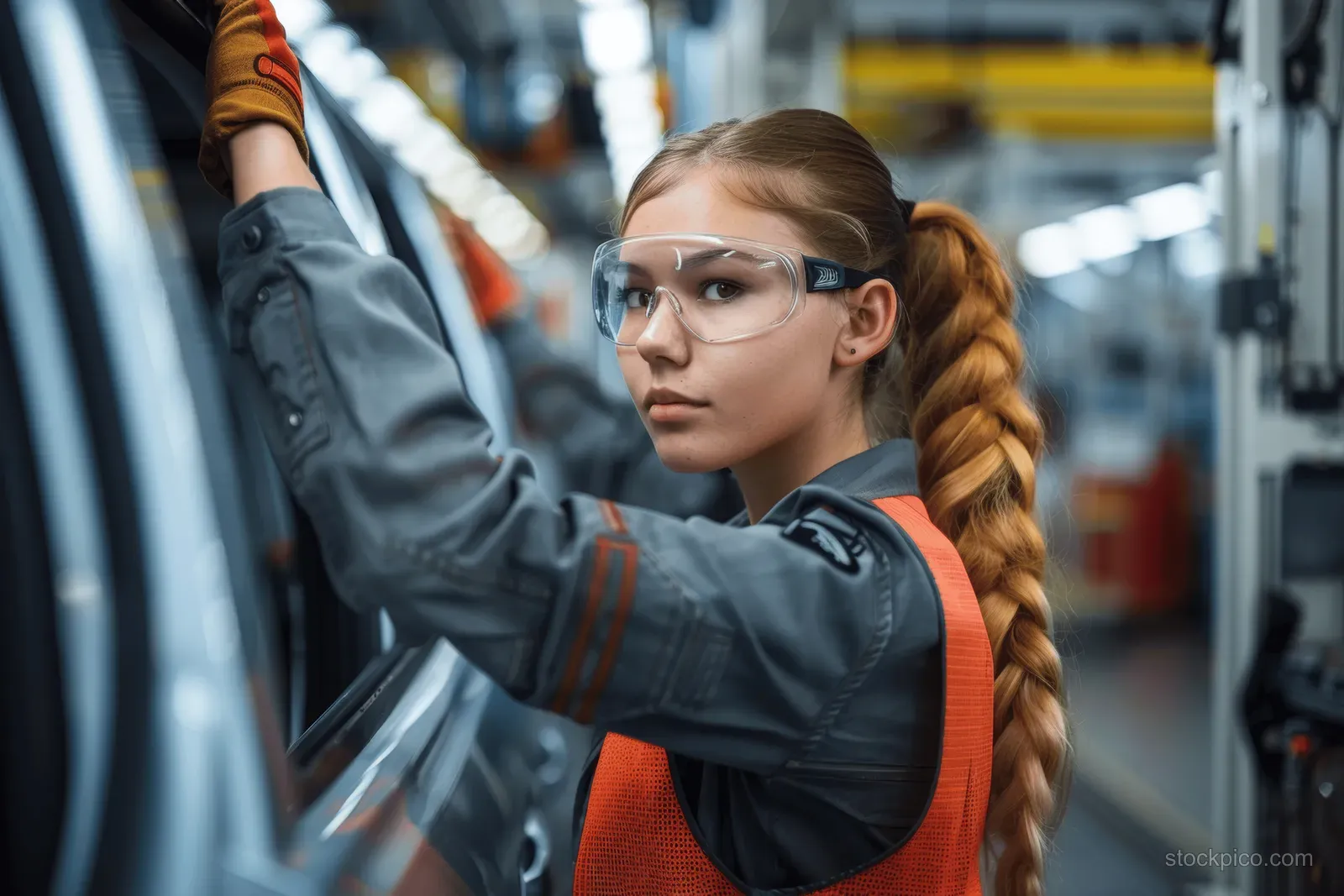 Female technician adjusts a car door panel in an automotive factory production line wearing safety gloves and glasses.