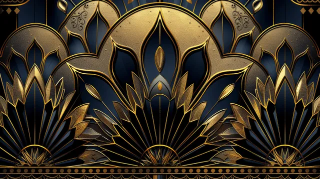 Golden Art Deco fan motifs and arch frames with ornate linework on a dark navy background.