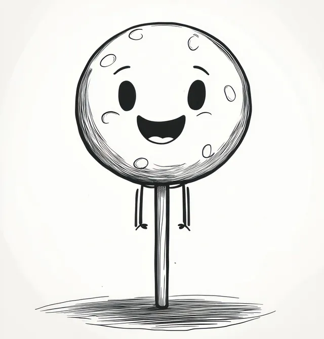 A black and white doodle shows a smiling lollipop character standing upright with small stick arms.