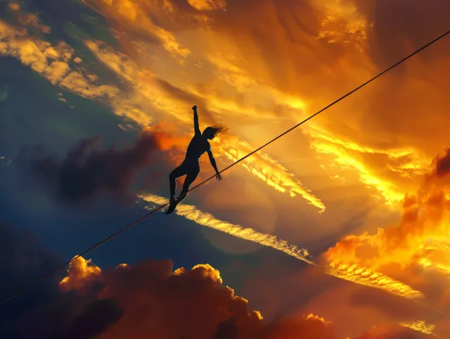 Pole vaulter in flight at sunset, glowing runway lines cutting through dramatic sky