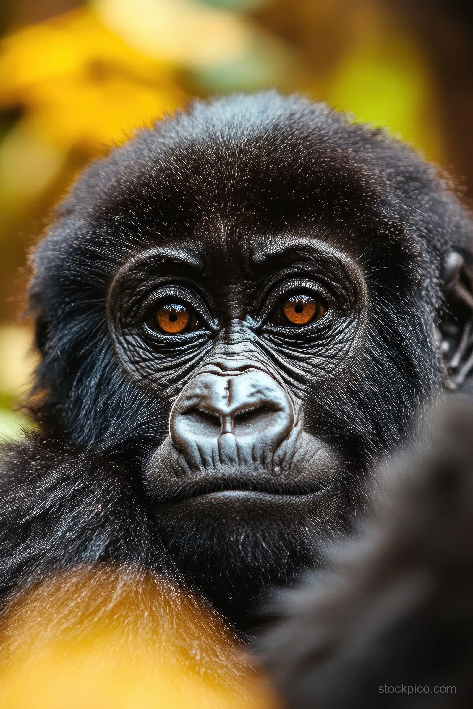 A young gorilla close-up stares with amber eyes as dark fur and facial detail fill the frame.
