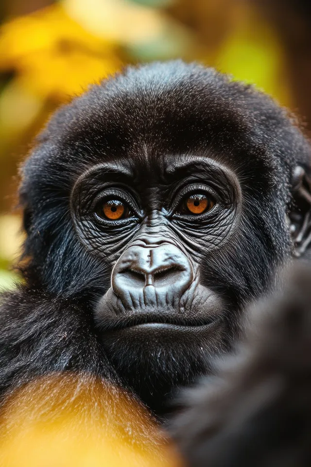 A young gorilla close-up stares with amber eyes as dark fur and facial detail fill the frame.