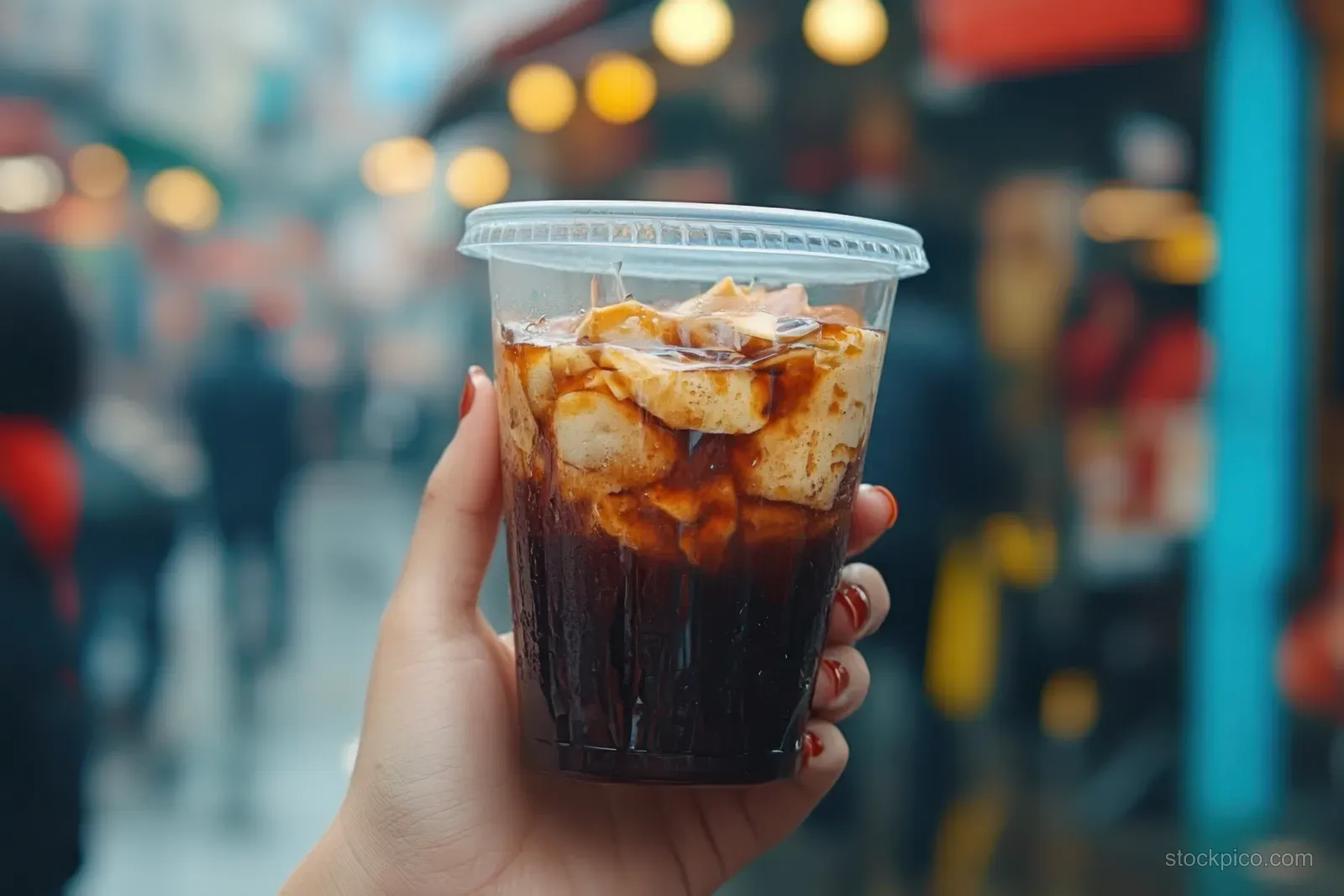 Hand holds a plastic cup of tahu gejrot with dark spicy sauce and tofu pieces against a blurred street background.