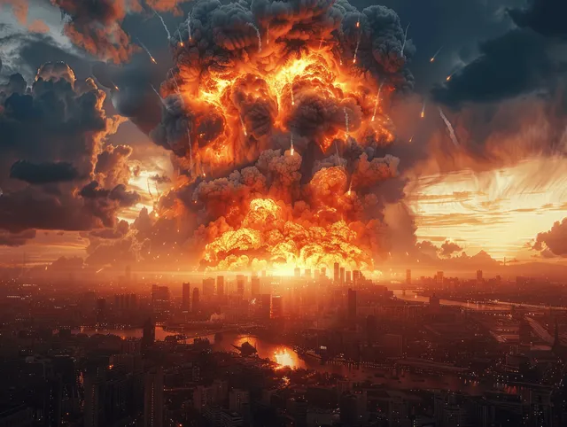Nuclear blast over a city with mushroom fireball, flames, and dark storm clouds