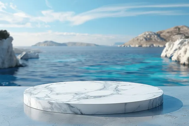 Round white marble pedestal on blue sea with distant Greek island cliffs horizon