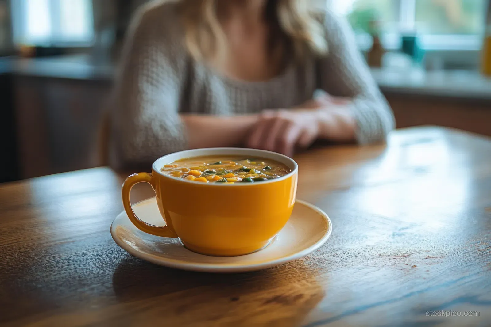 Yellow cup of vegetable soup on a wooden table with a seated person blurred behind it.