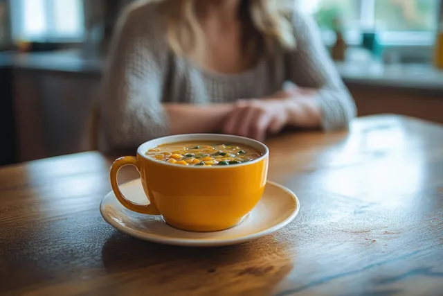 Yellow cup of vegetable soup on wooden table with person seated behind