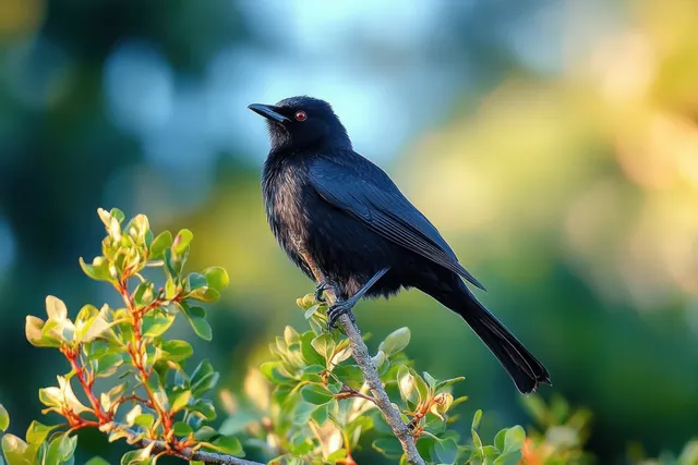 Black songbird perched on a leafy branch, glossy feathers and red eye against soft bokeh