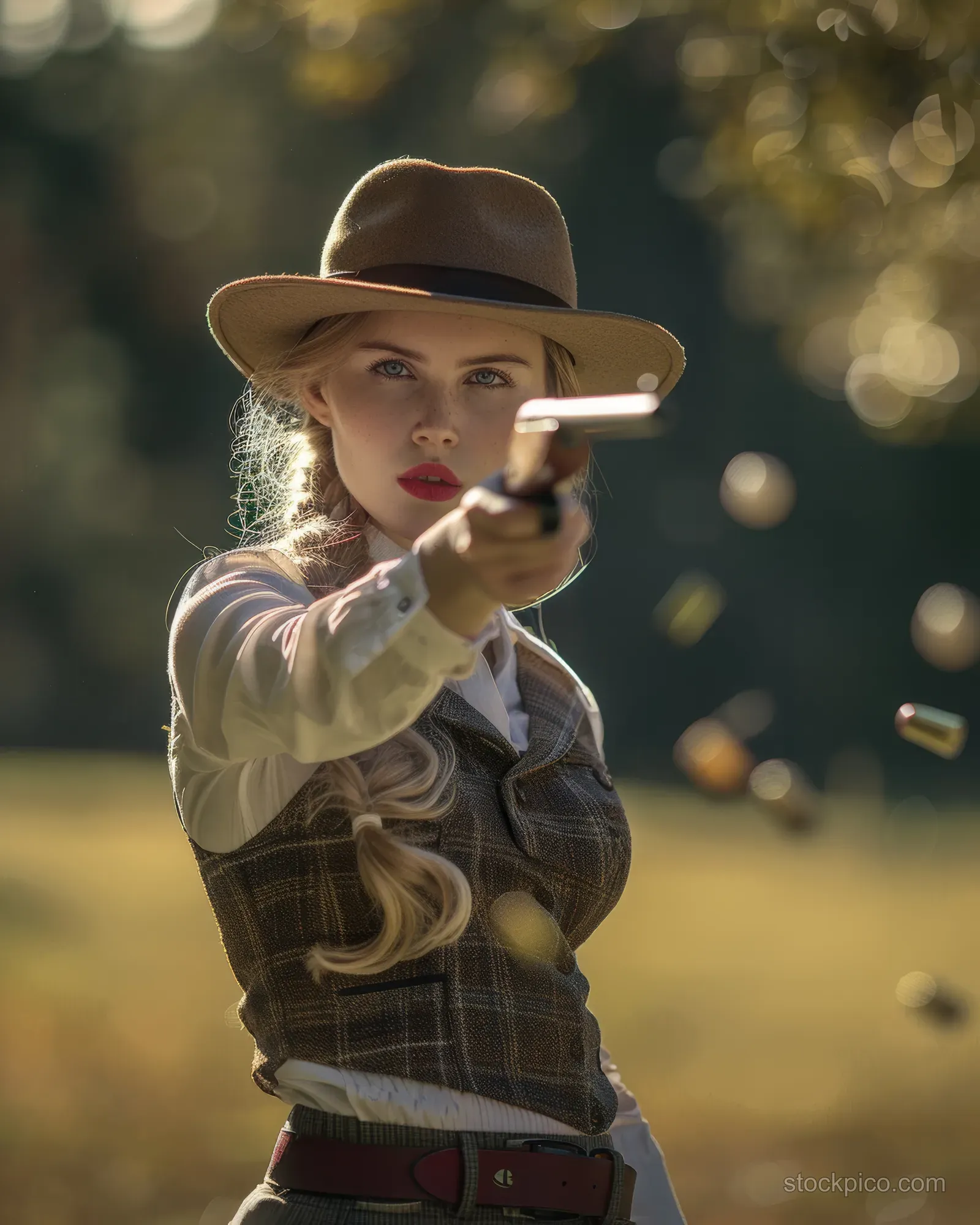 A British female skeet shooter wearing a brimmed hat aims at clay targets with golden dusk bokeh in the background.